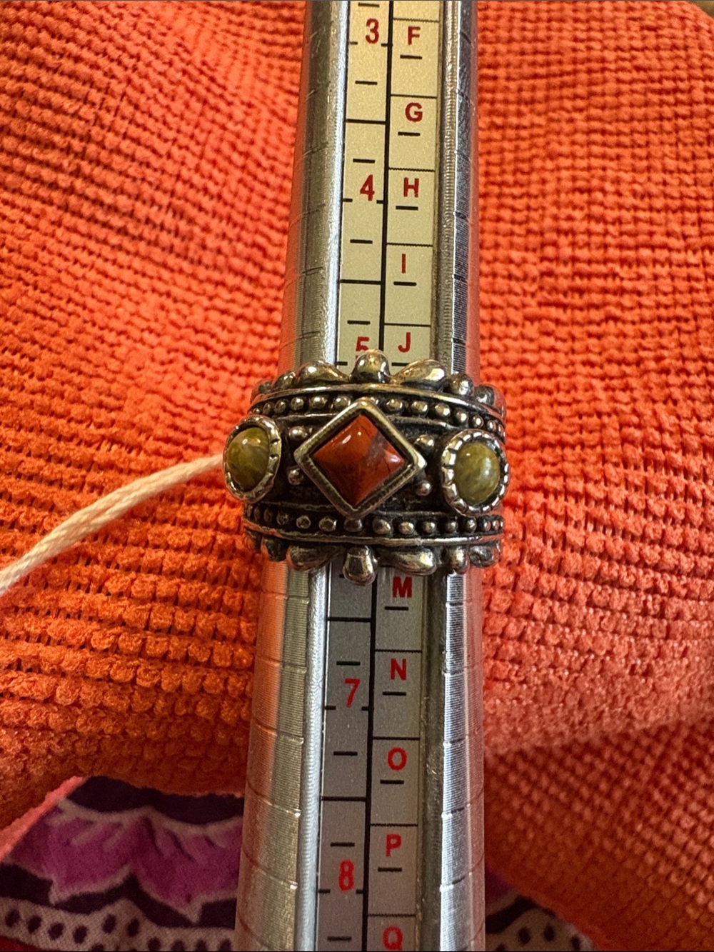Silver-Tone Orange & Olive Stone Bohemian Statement Ring